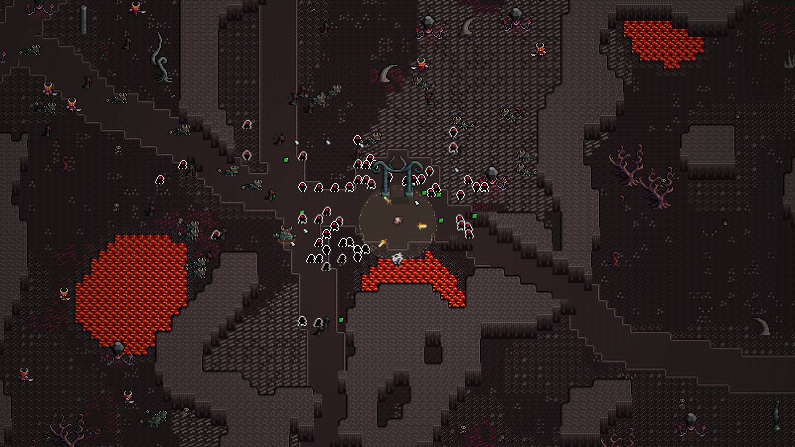 A Wizard ringed by hooded shades between lava pools in the Crown of Ash