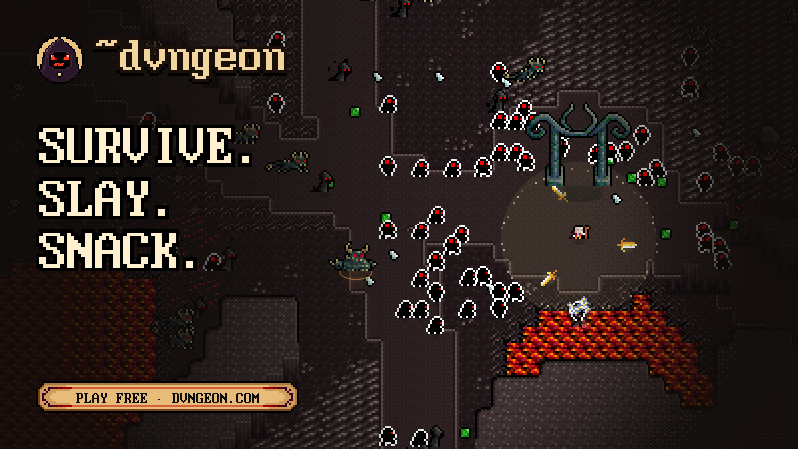 The ~dvngeon promo: the hooded Shade mark, the words Survive. Slay. Snack., and a hero surrounded by the horde beside a lava pool