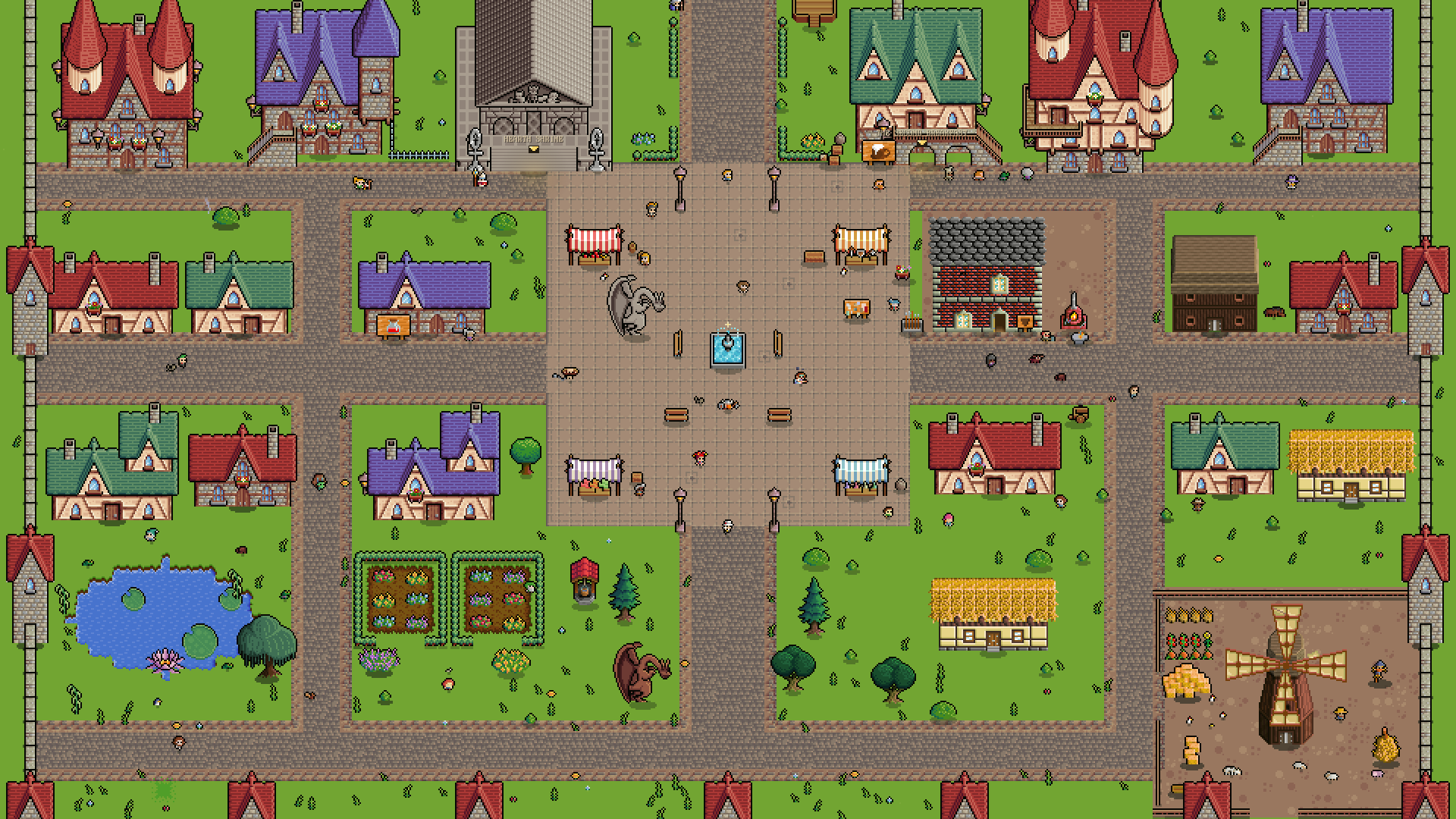 Hearthmere from above: a market plaza, timbered houses, gardens and a windmill farm inside the town walls