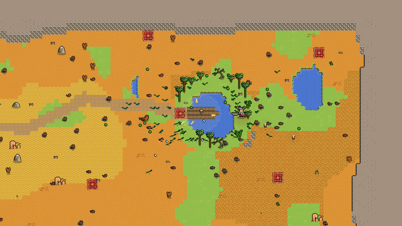 A Ranger at a palm-ringed oasis in the Saffron Expanse, with the horde crossing the sand toward it