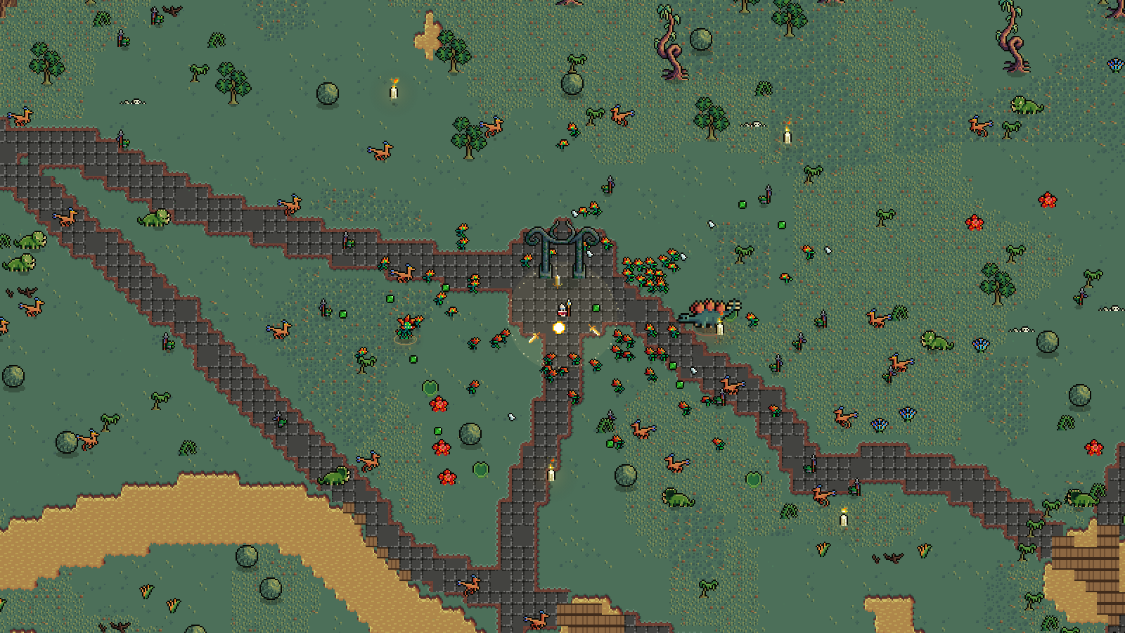 A Cleric at the arrival gate in the Verdant Sepulchre, with raptors closing in along the stone paths
