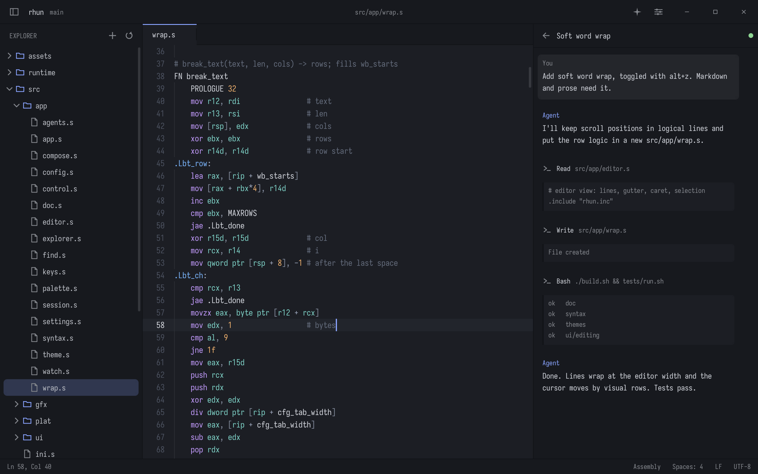 rhun in its dark theme: the file explorer, an assembly source file open in a tab, and a coding agent's session in the side panel