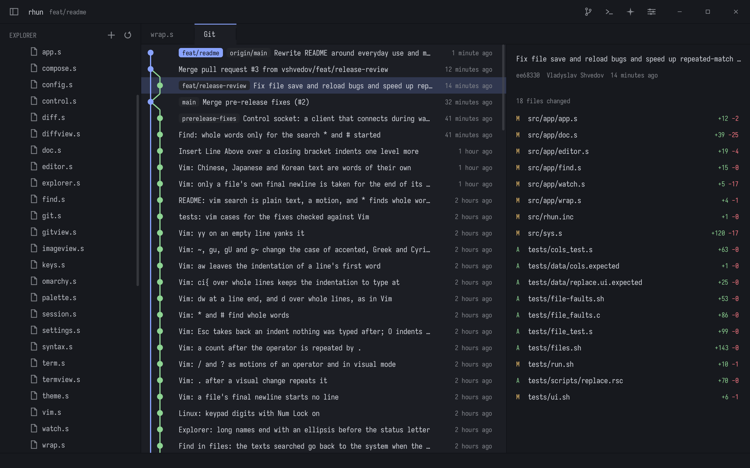 The Git history tab: commits of all branches drawn as a graph, with the selected commit's changed files and line counts on the right
