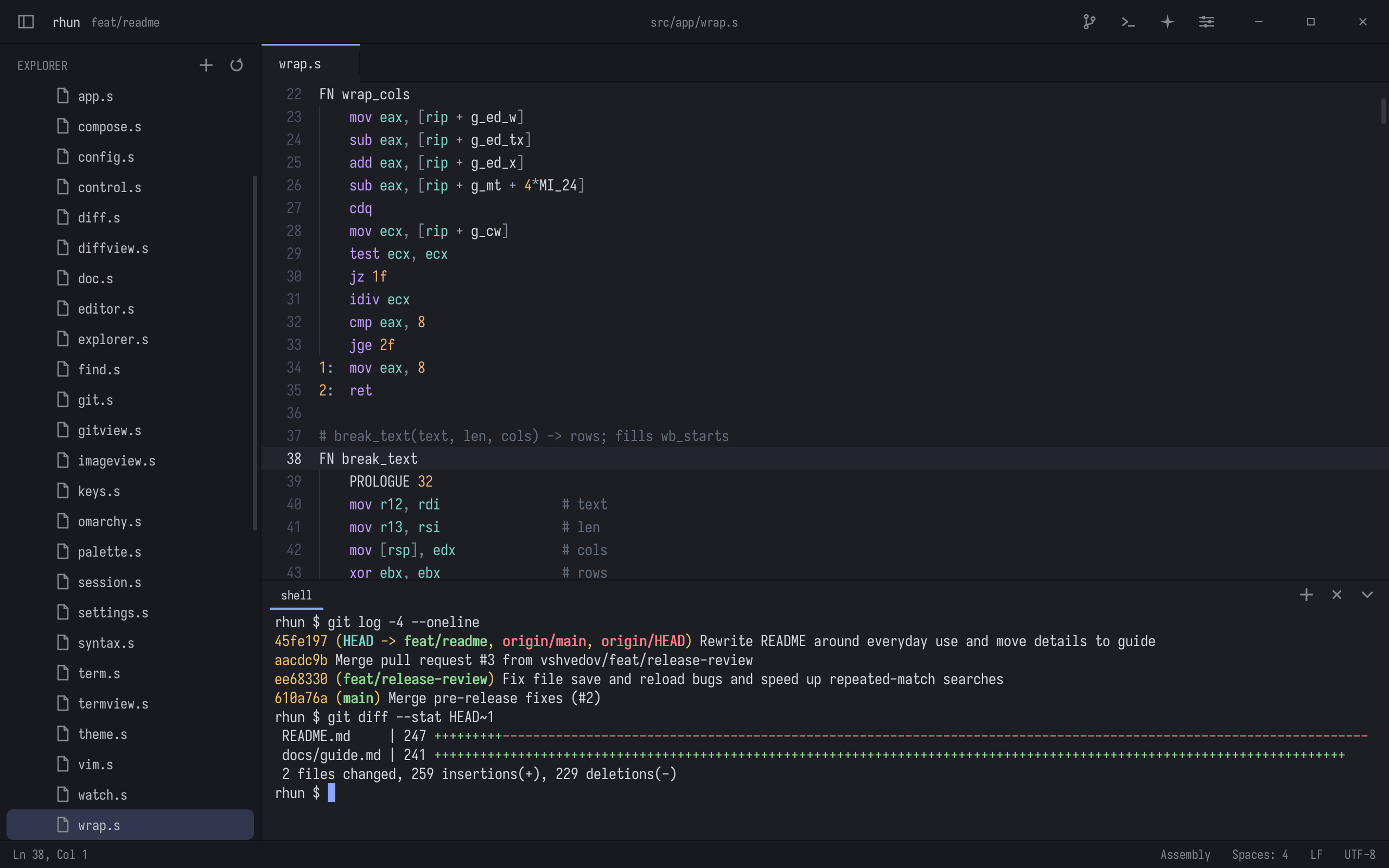 The built-in terminal open under an assembly file, showing a git log and a diff summary in color