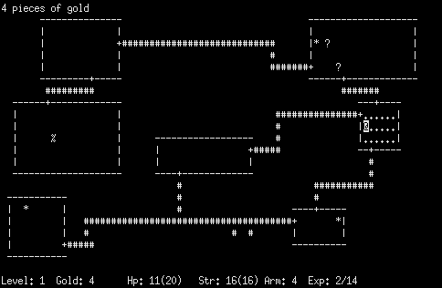BSD Rogue: rooms and corridors drawn in white characters on a black screen