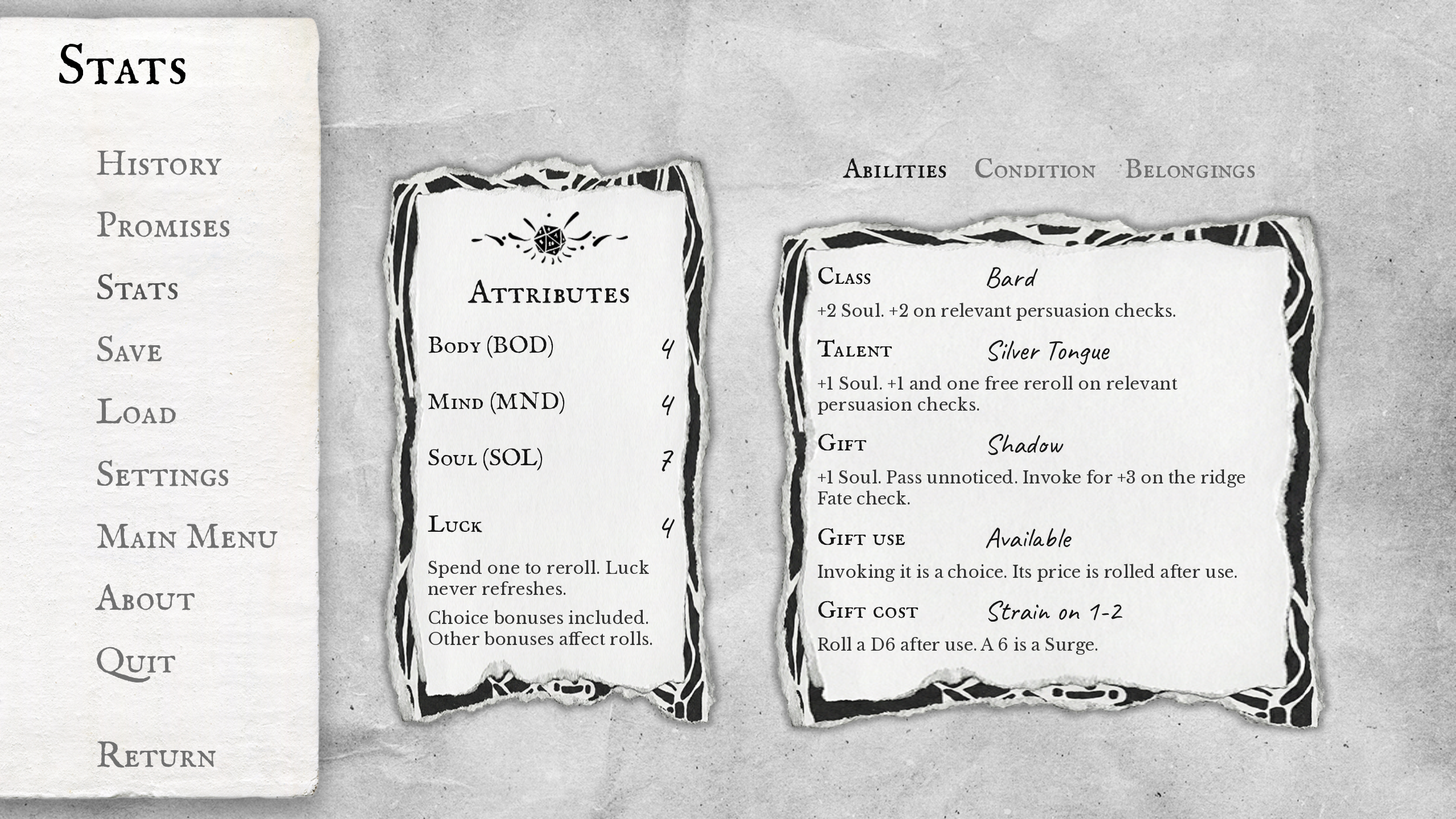 Wintercry's character sheet with attributes and choices