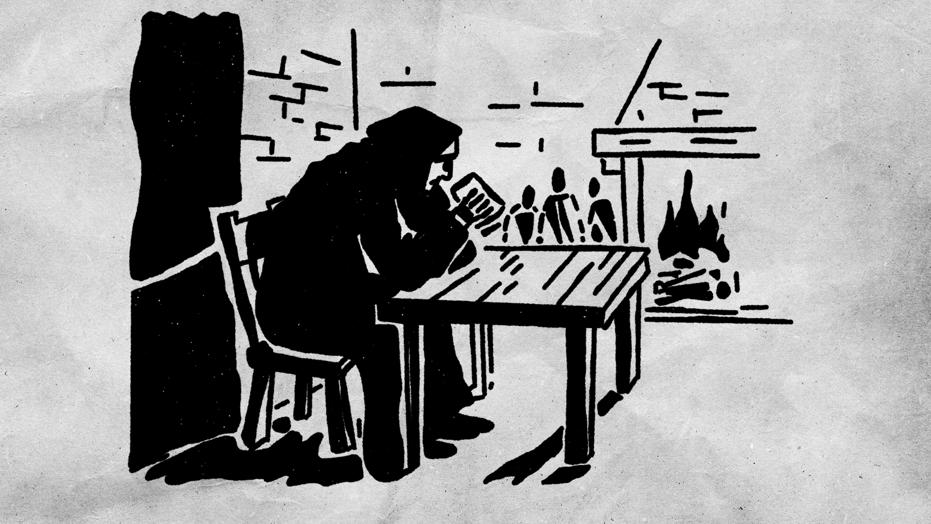 A hooded wanderer drinks at a corner table beside the tavern fire