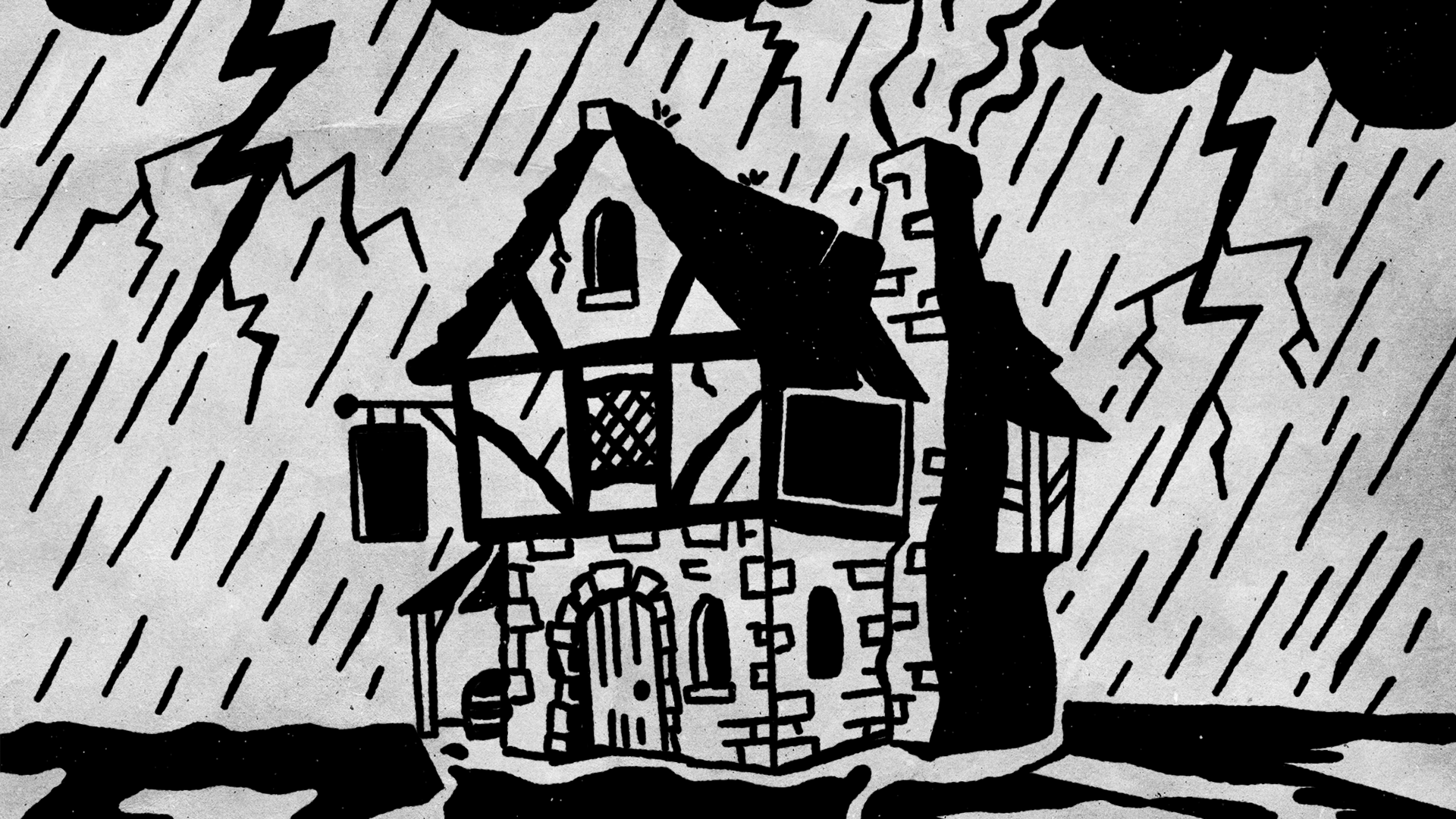 The Old Hack tavern: a crooked timber building beneath heavy rain and lightning