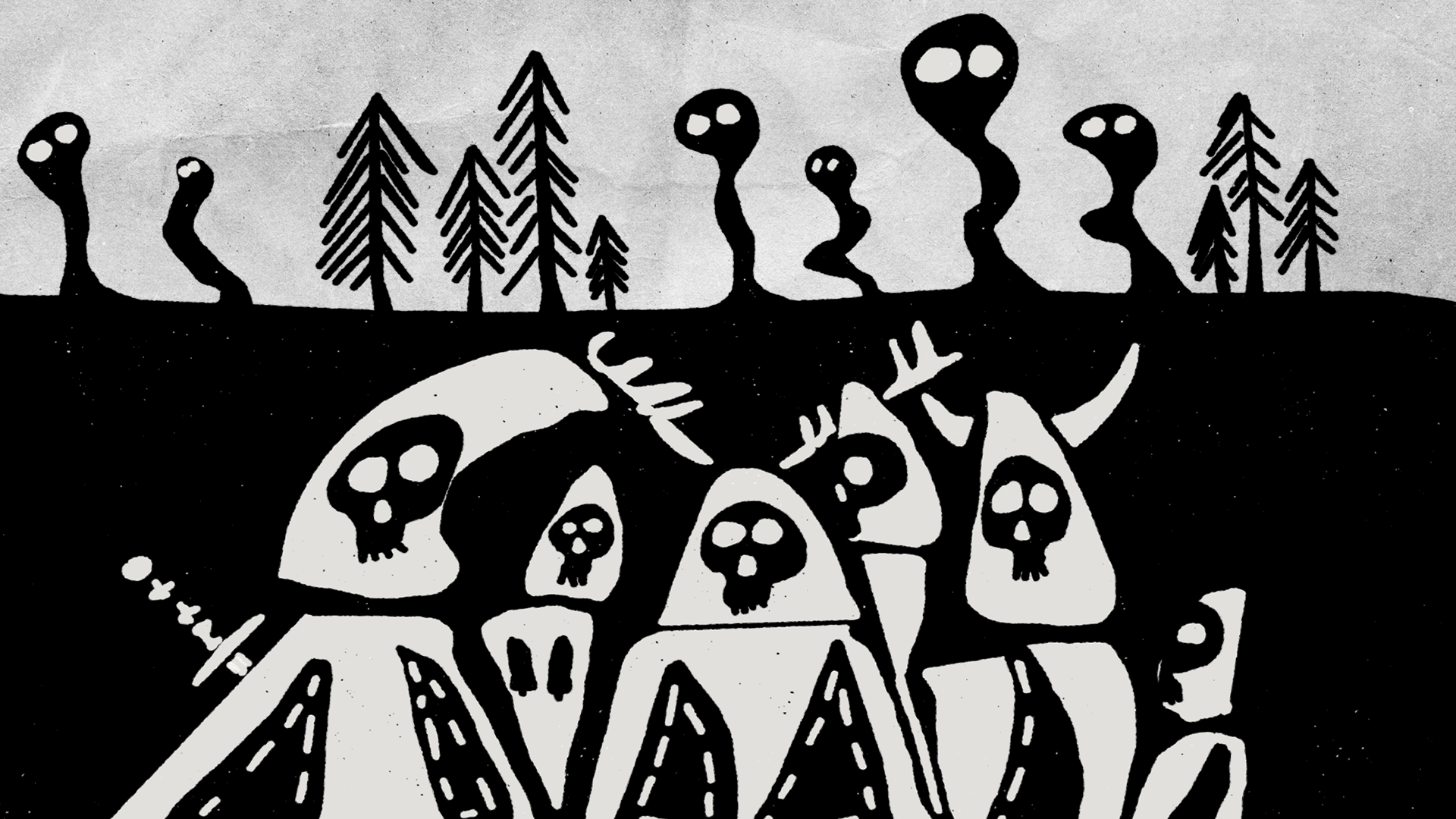 The Six: black figures among fir trees, with crowned skeletons beneath the ground
